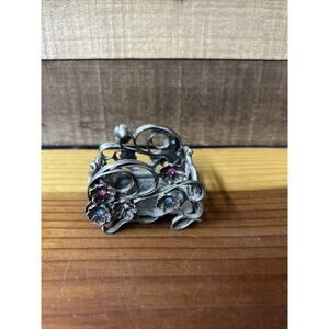 PartyLite Pewter Base Candle Holder Square Floral Jeweled Accents